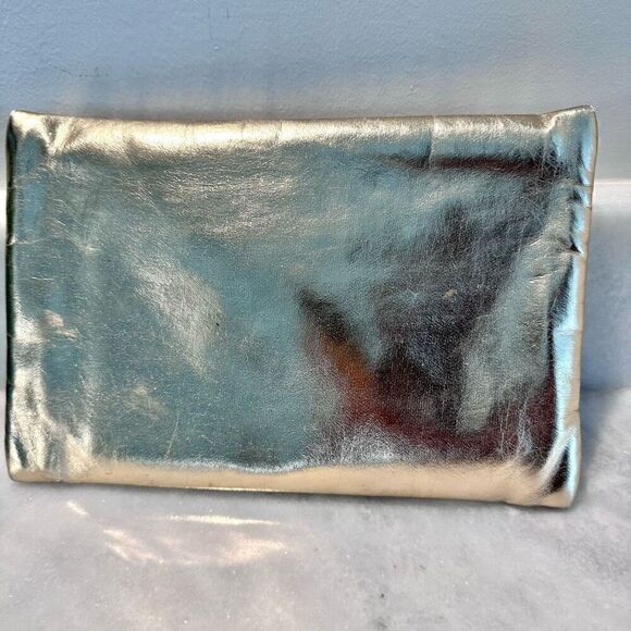 Ipsy Gold Metallic Two Zippered Pocket Cosmetic Makeup Bag with Orange Trim - Picture 2 of 2